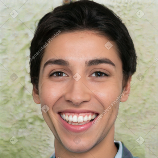 Joyful white young-adult female with short  black hair and brown eyes