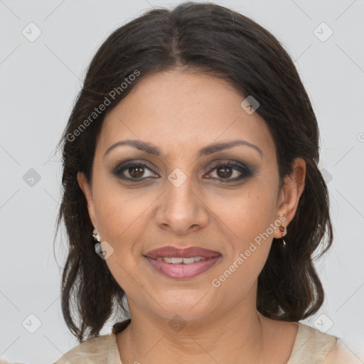Joyful latino young-adult female with medium  brown hair and brown eyes