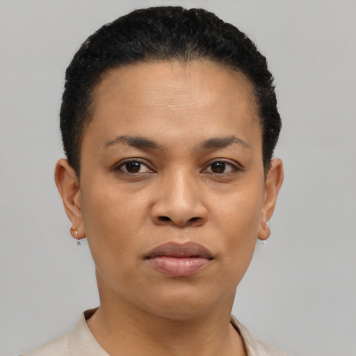 Joyful black young-adult female with short  black hair and brown eyes