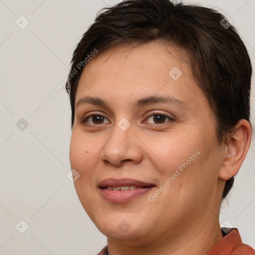 Joyful white young-adult female with short  brown hair and brown eyes