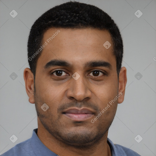 Neutral black young-adult male with short  black hair and brown eyes