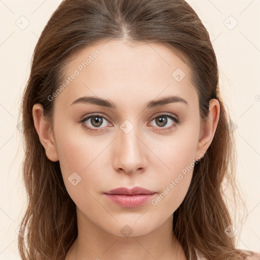 Neutral white young-adult female with long  brown hair and brown eyes