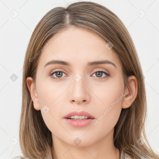 Neutral white young-adult female with long  brown hair and brown eyes