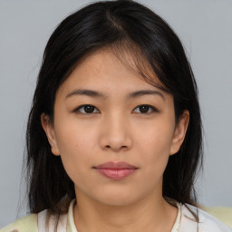 Neutral asian young-adult female with medium  brown hair and brown eyes