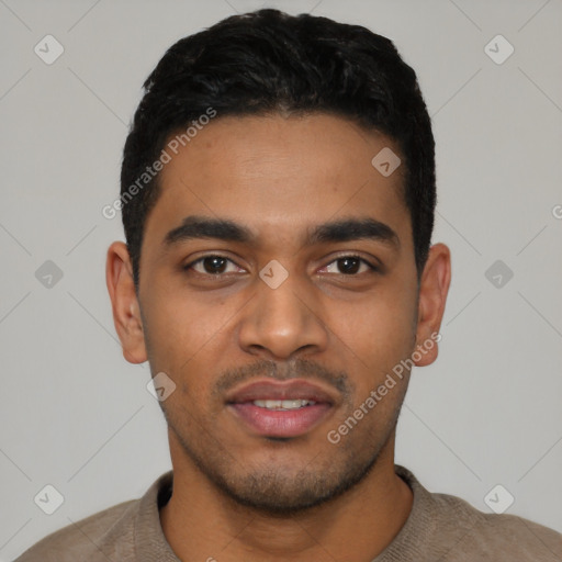 Joyful latino young-adult male with short  black hair and brown eyes