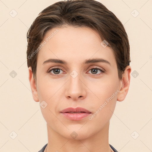 Neutral white young-adult female with short  brown hair and brown eyes