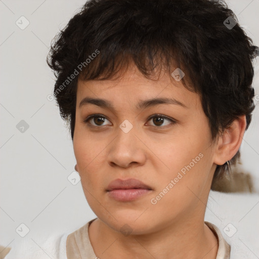 Neutral white young-adult female with short  brown hair and brown eyes