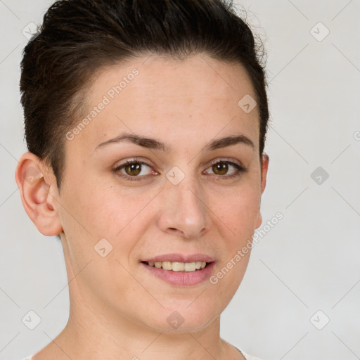 Joyful white young-adult female with short  brown hair and brown eyes