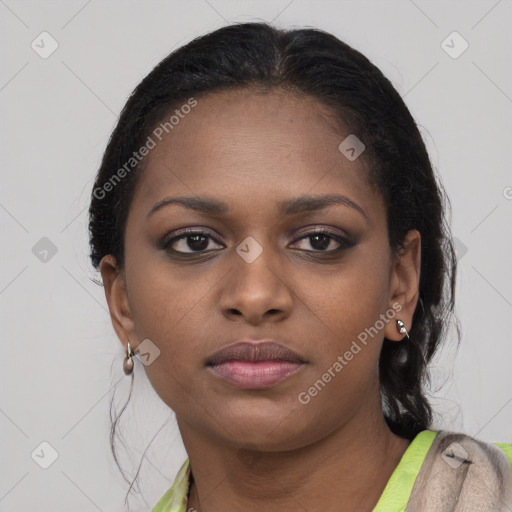 Neutral black young-adult female with short  brown hair and brown eyes