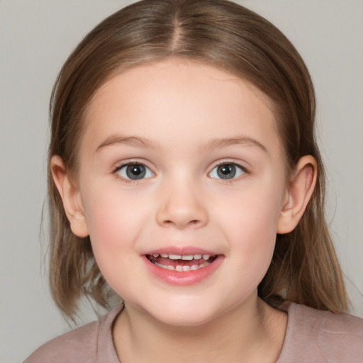 Joyful white child female with medium  brown hair and brown eyes