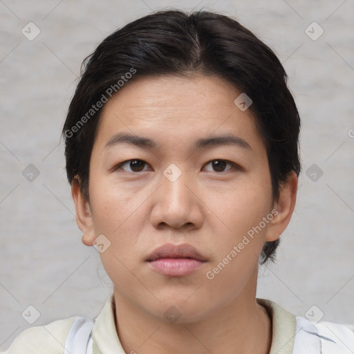 Neutral asian young-adult female with short  brown hair and brown eyes