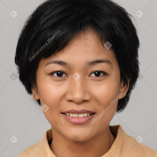 Joyful asian young-adult female with short  brown hair and brown eyes