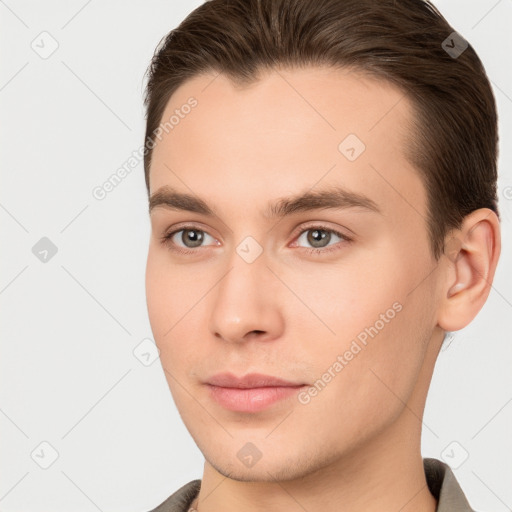 Neutral white young-adult male with short  brown hair and brown eyes