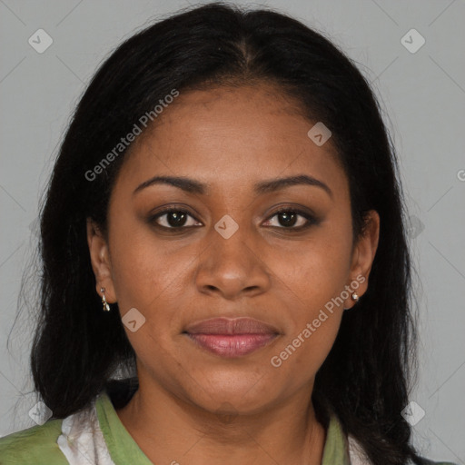 Joyful black young-adult female with long  brown hair and brown eyes