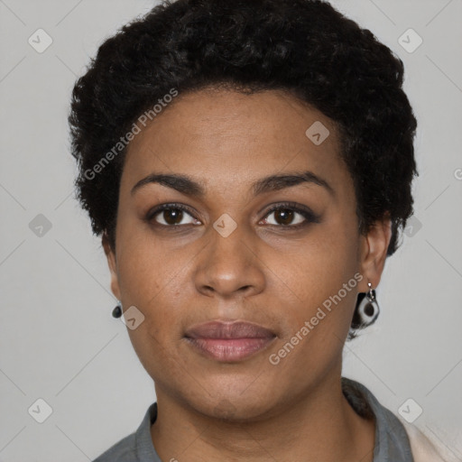 Neutral black young-adult female with short  black hair and brown eyes