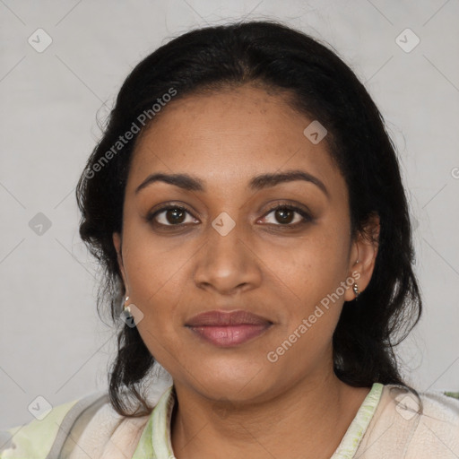 Joyful black young-adult female with medium  black hair and brown eyes