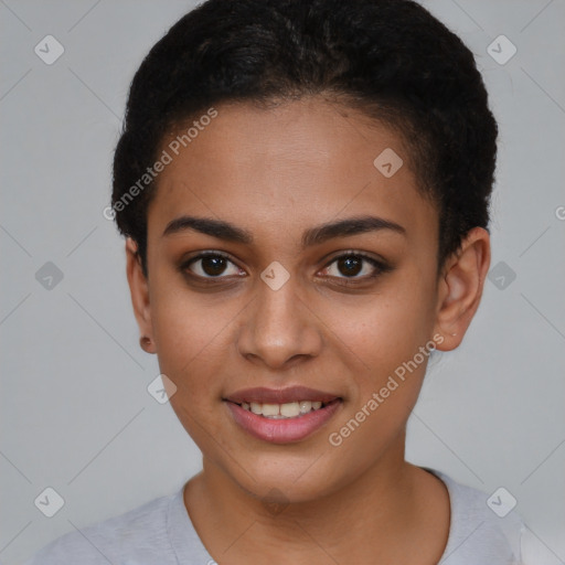 Joyful latino young-adult female with short  brown hair and brown eyes