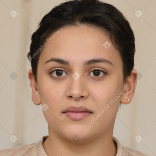 Neutral white young-adult female with short  brown hair and brown eyes