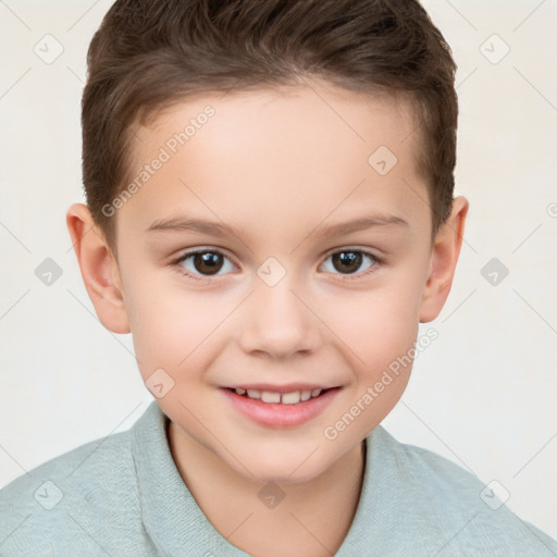 Joyful white child female with short  brown hair and brown eyes