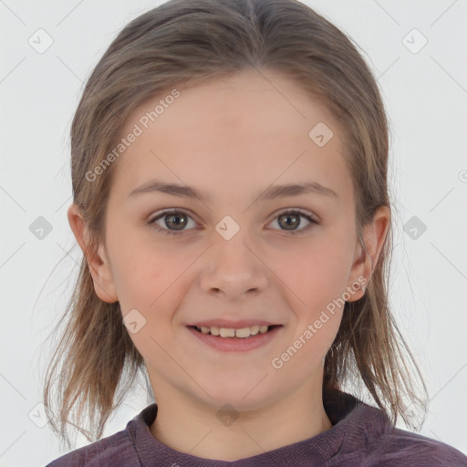 Joyful white child female with medium  brown hair and brown eyes