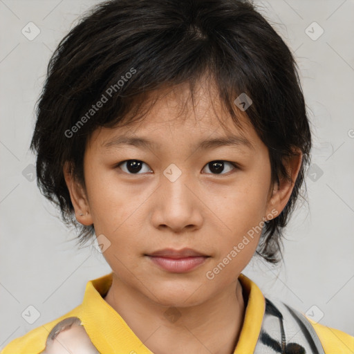 Joyful white child female with medium  brown hair and brown eyes