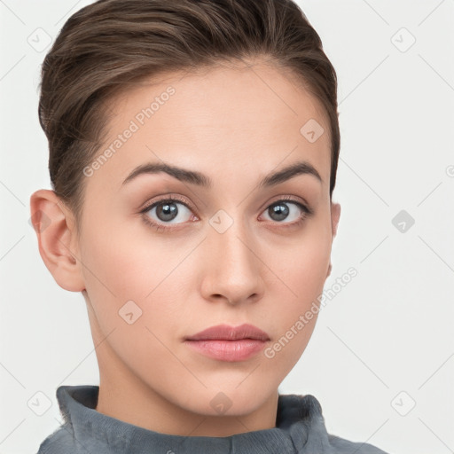 Neutral white young-adult female with short  brown hair and brown eyes