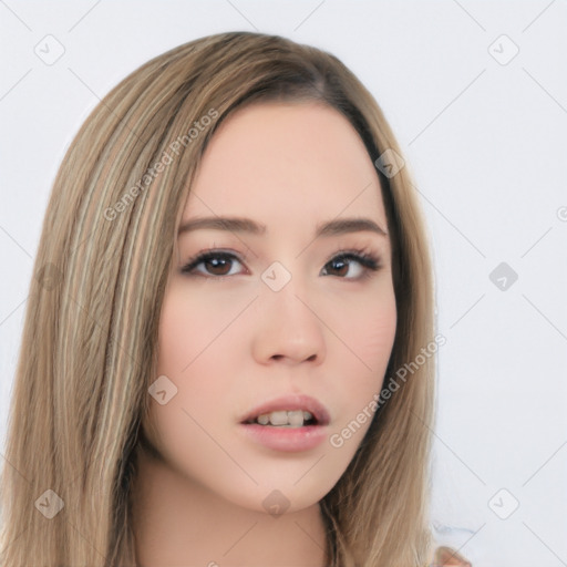 Neutral white young-adult female with long  brown hair and brown eyes