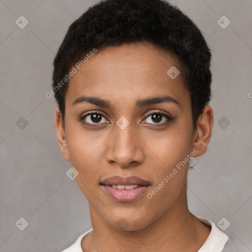 Joyful latino young-adult female with short  brown hair and brown eyes