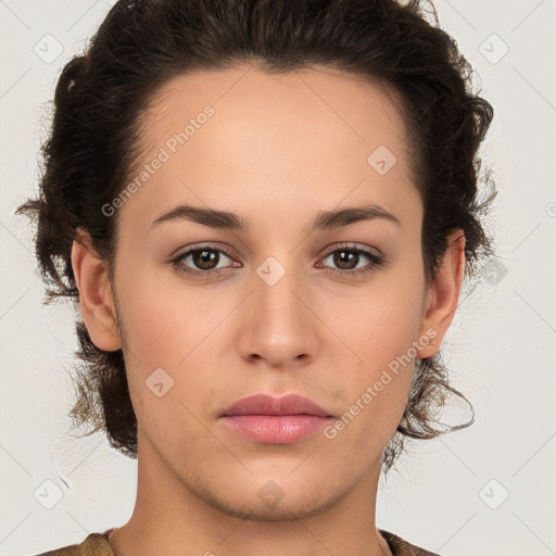 Neutral white young-adult female with short  brown hair and brown eyes