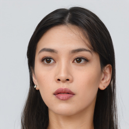 Neutral asian young-adult female with long  brown hair and brown eyes
