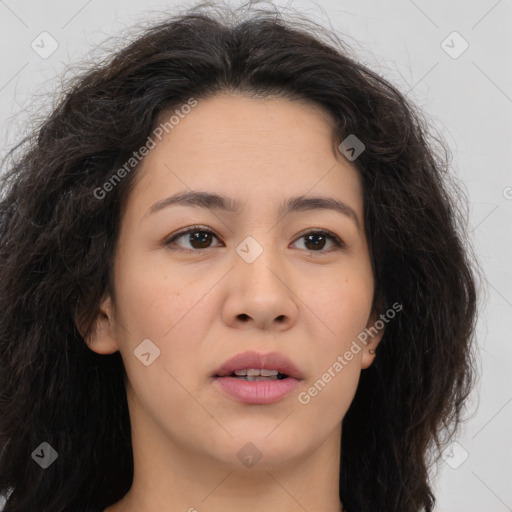 Neutral asian young-adult female with long  brown hair and brown eyes