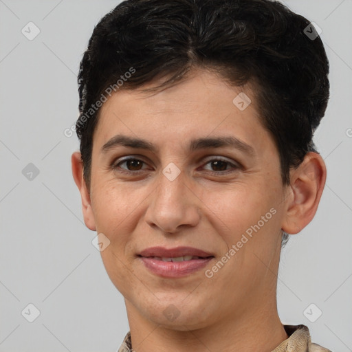 Joyful white adult female with short  brown hair and brown eyes