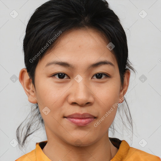 Joyful asian young-adult female with medium  brown hair and brown eyes