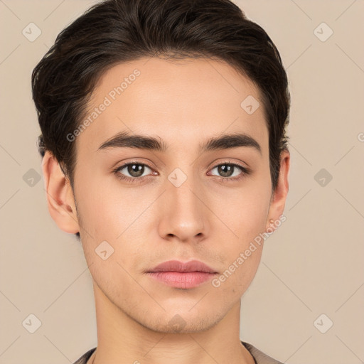 Neutral white young-adult male with short  brown hair and brown eyes