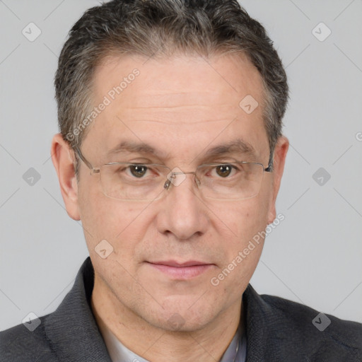 Joyful white middle-aged male with short  brown hair and brown eyes