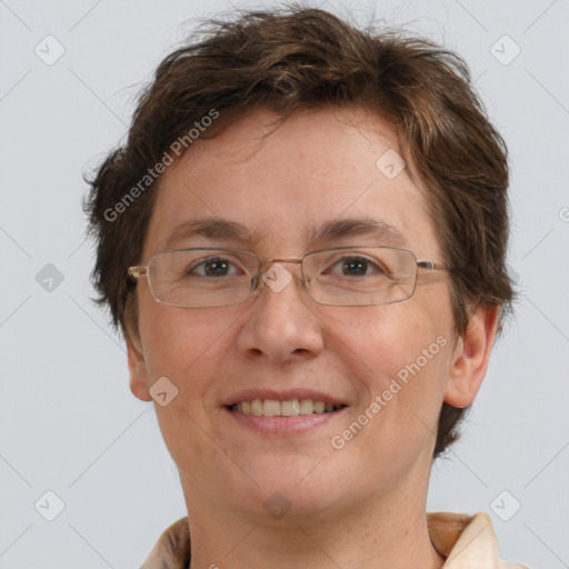 Joyful white adult female with short  brown hair and brown eyes