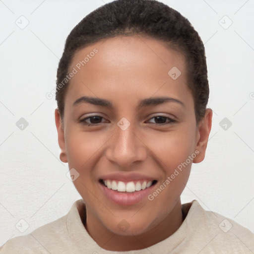 Joyful latino young-adult female with short  brown hair and brown eyes