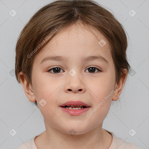 Joyful white child female with medium  brown hair and brown eyes