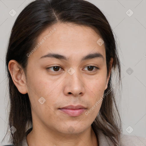 Neutral white young-adult female with medium  brown hair and brown eyes