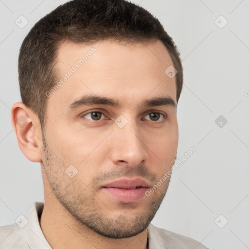 Neutral white young-adult male with short  brown hair and brown eyes