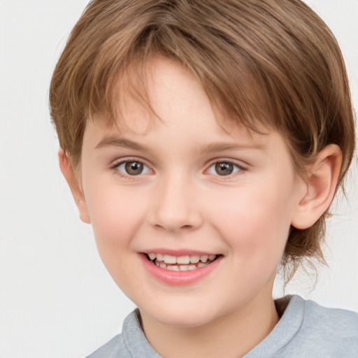 Joyful white child female with medium  brown hair and grey eyes