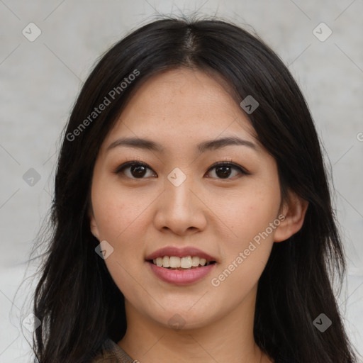 Joyful asian young-adult female with long  brown hair and brown eyes