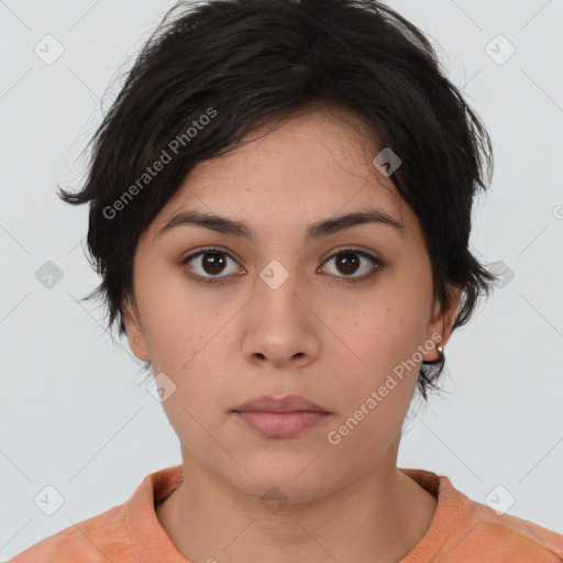 Neutral white young-adult female with medium  brown hair and brown eyes