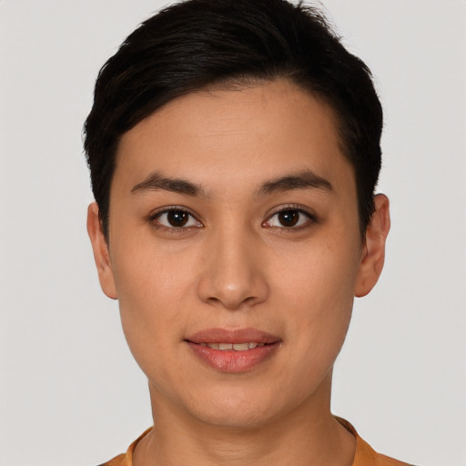 Joyful white young-adult female with short  black hair and brown eyes