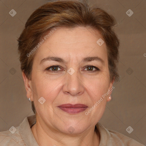 Joyful white adult female with short  brown hair and brown eyes