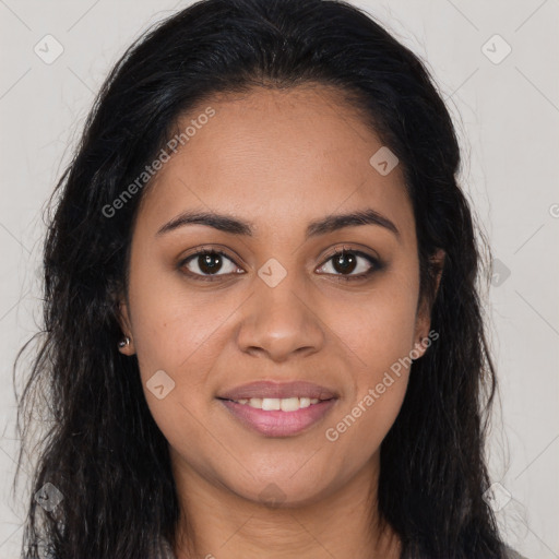 Joyful latino young-adult female with long  brown hair and brown eyes