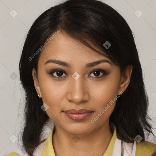 Joyful black young-adult female with medium  black hair and brown eyes