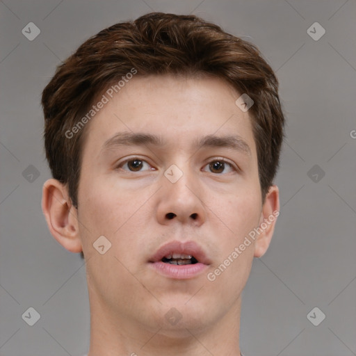 Neutral white young-adult male with short  brown hair and brown eyes