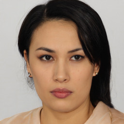 Neutral asian young-adult female with medium  black hair and brown eyes