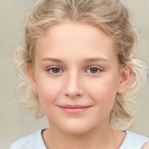 Joyful white child female with medium  blond hair and brown eyes